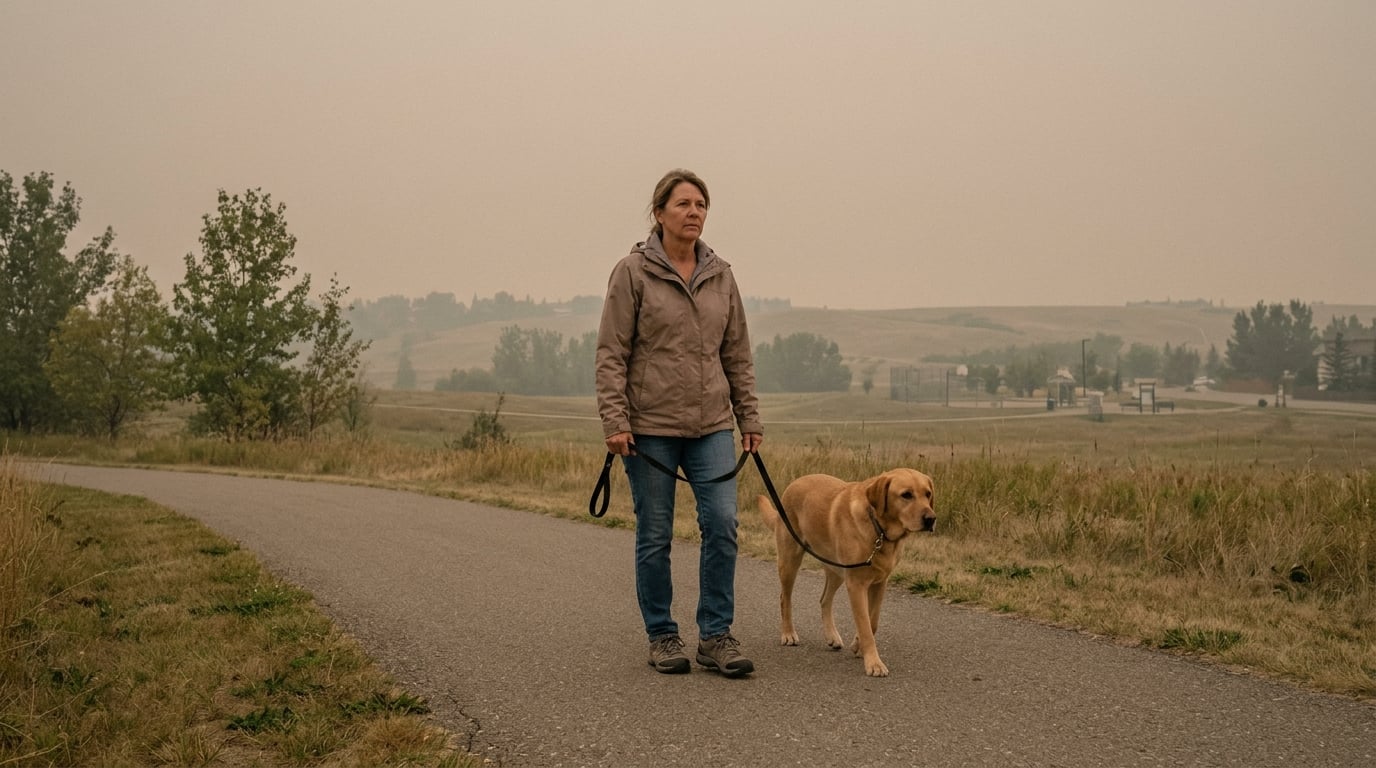 Owner walking a Labrador on leash along a hazy Calgary park path during a wildfire smoke advisory