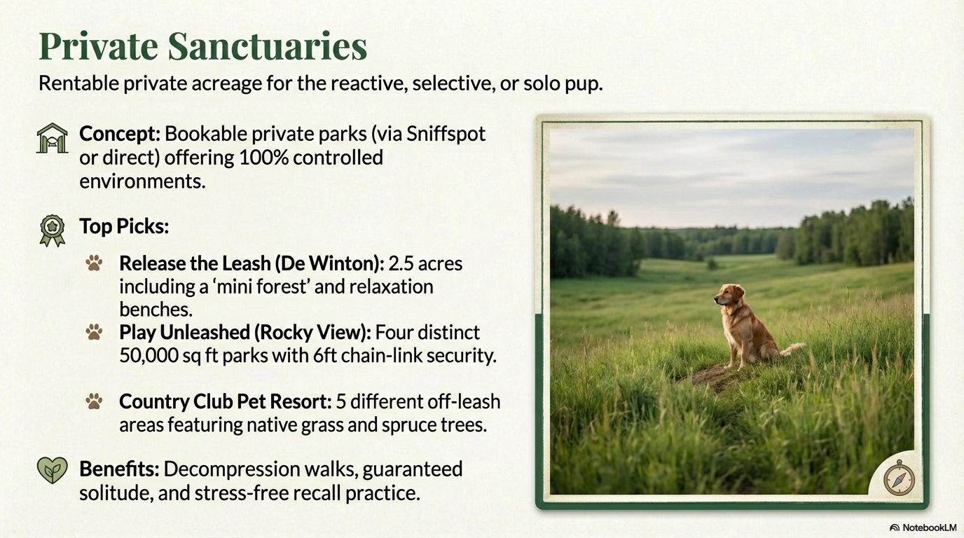 Private Sanctuaries infographic showing membership-based dog parks including Concept Boodalu, Tails on the Winsor, and Country Club Pet Resort