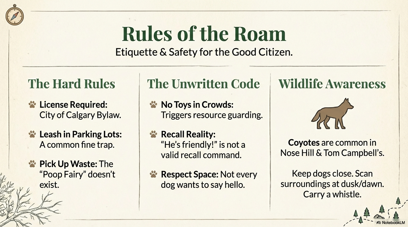 Rules of the Roam infographic covering Calgary off-leash etiquette, license requirements, waste management, and wildlife awareness