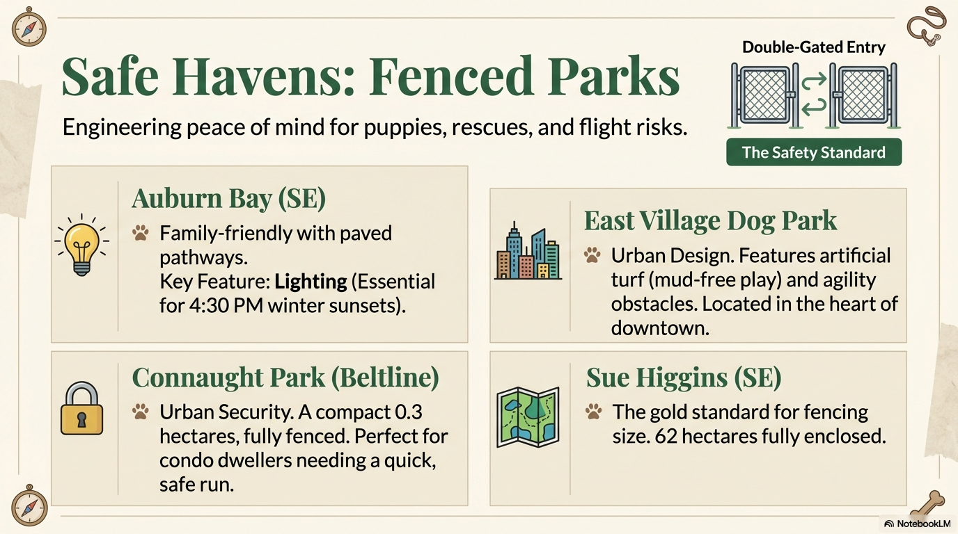 Safe Havens Fenced Parks infographic featuring Auburn Bay, Connaught Park, East Village Dog Park, and Sue Higgins Park with double-gated entry systems
