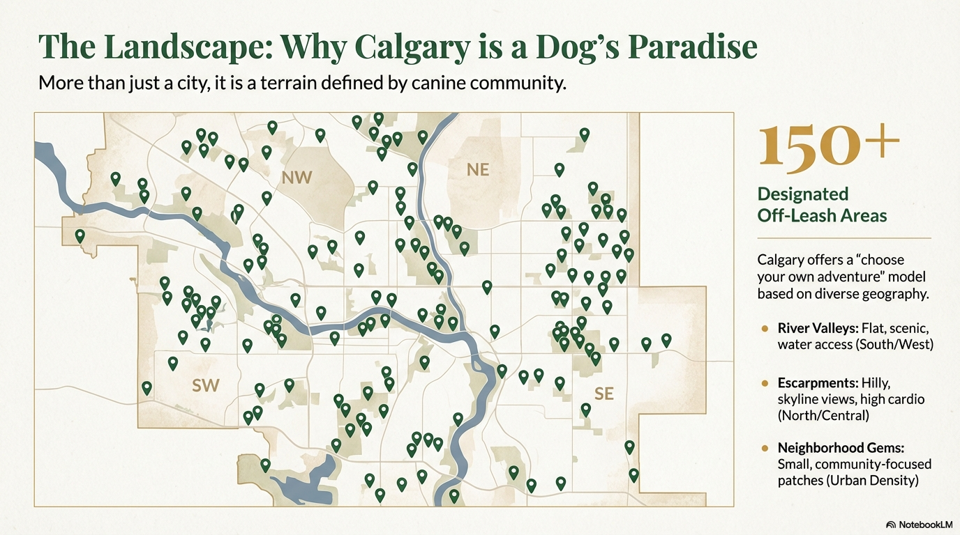 Map infographic showing Calgary's 150+ designated off-leash dog areas distributed across the city's river valleys and community parks