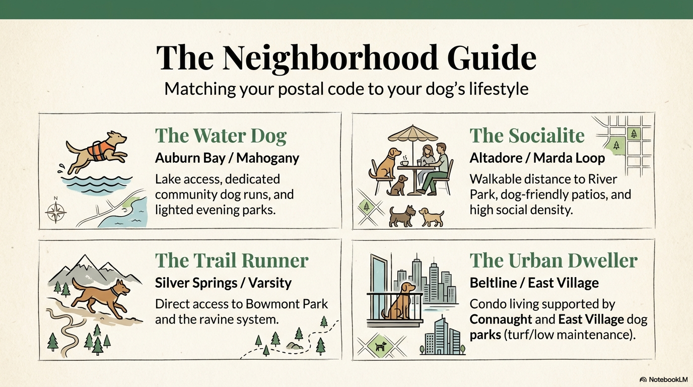 The Neighbourhood Guide infographic showing dog park personas matched to Calgary communities and lifestyle preferences