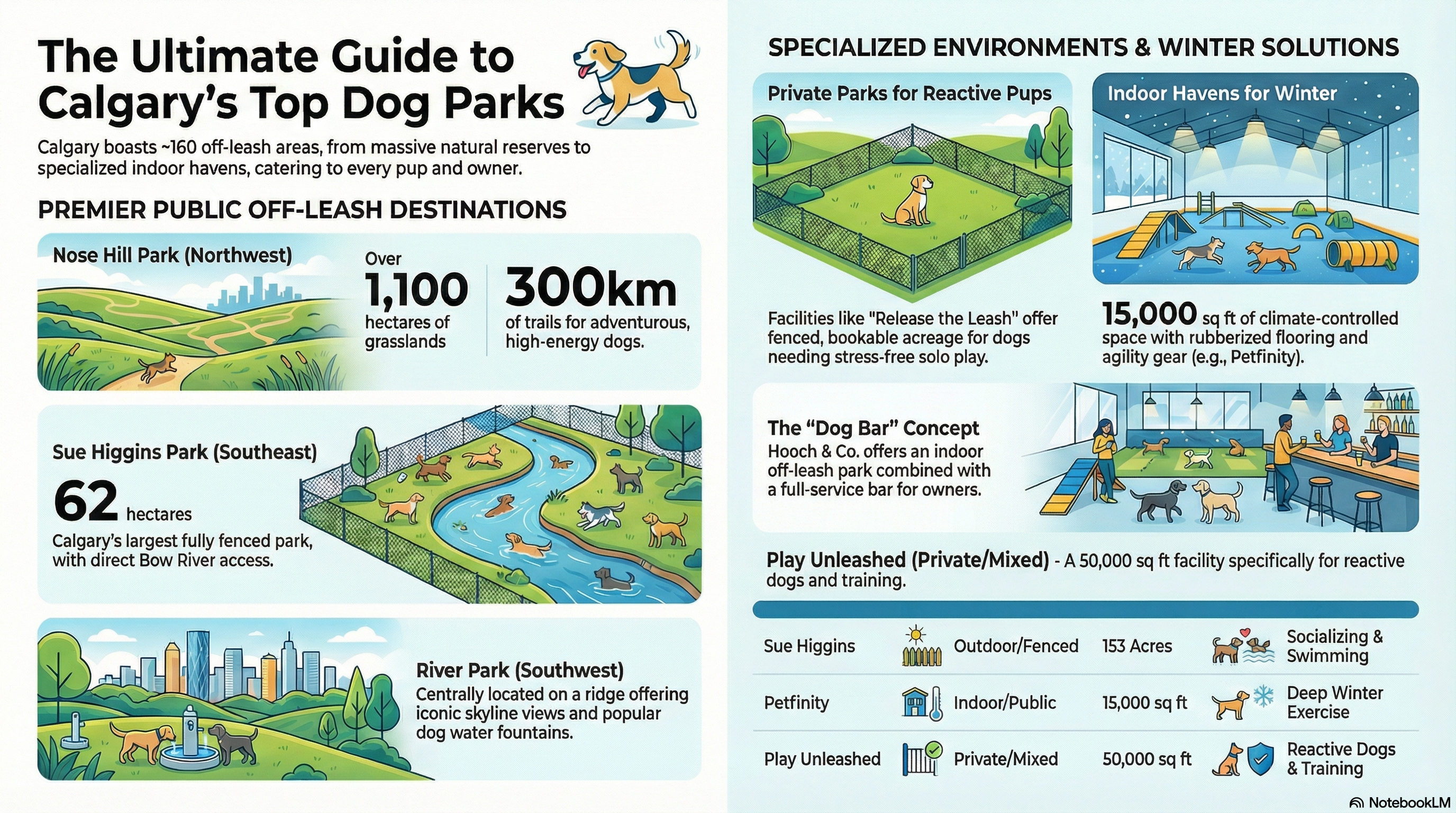 The Ultimate Guide to Calgary's Top Dog Parks infographic showing 62 off-leash areas, 300km+ of trails, and seasonal considerations for year-round dog recreation
